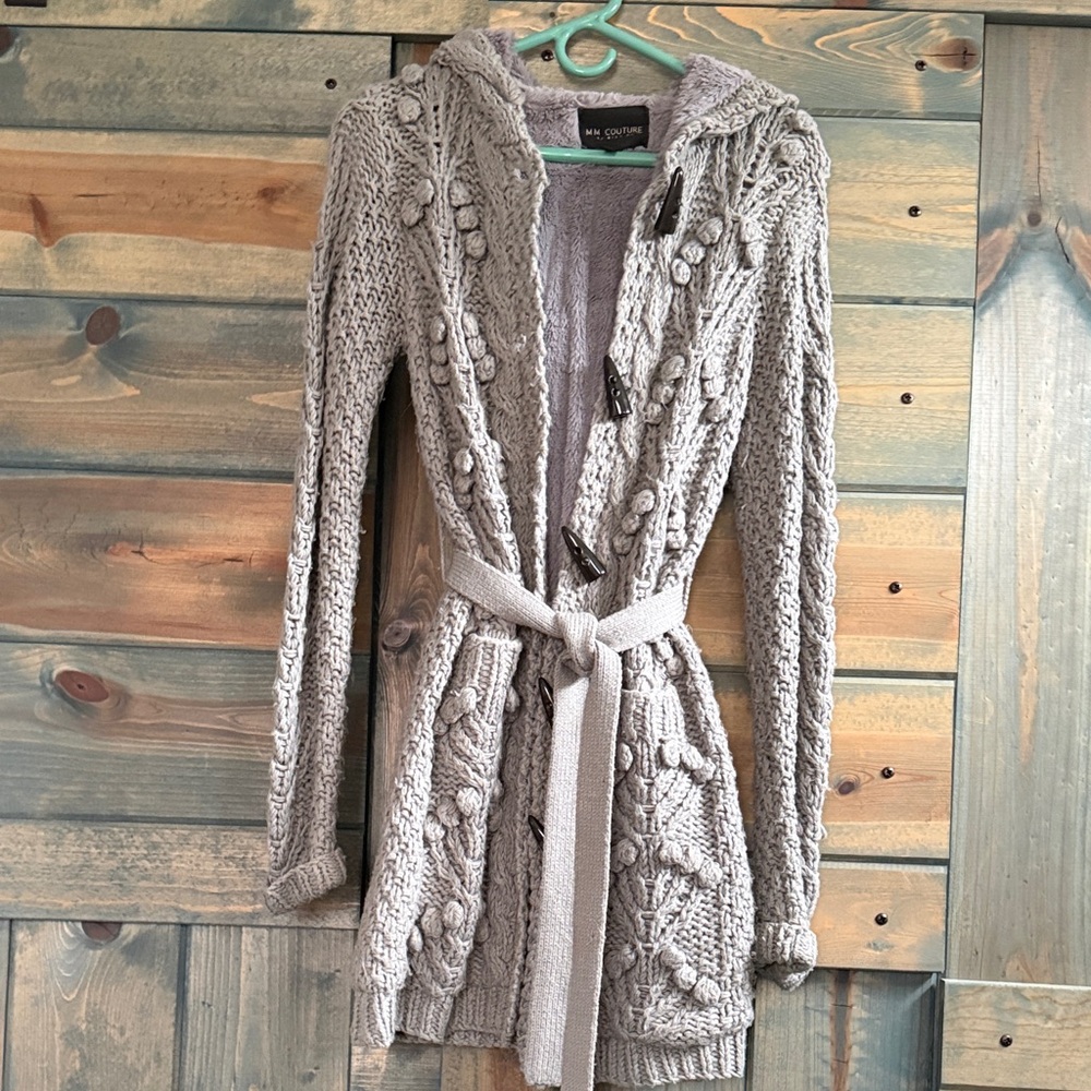 MM Couture greyHooded Cable-Knit Cardigan with Belt